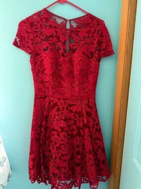 Ted Baker Red Lace Fit & Flare Dress – Elegant Sheer Detail & Scalloped Hem